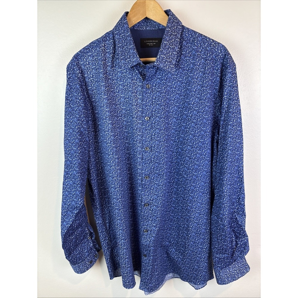 Lindbergh Black Label Long Sleeve Button Down Shirt Size XL All Over Print Blue